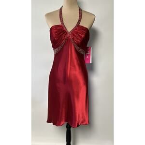 Y2K Red Beaded Formal Prom Dress Slip Satin Deadstock 11/12 Halter Ruched Bust